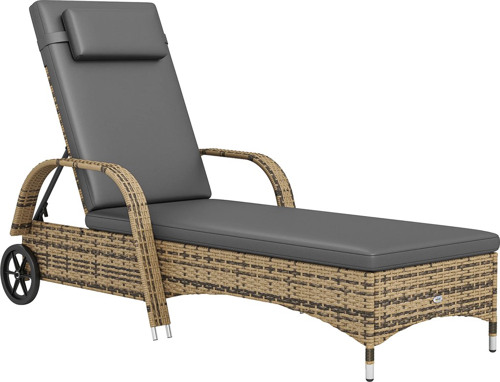 Outsunny Șezlong de soare cu saltea spătar reglabil multipoziții cotiere roți 200 x 73 x 30-103 cm galben | Aosom Romania