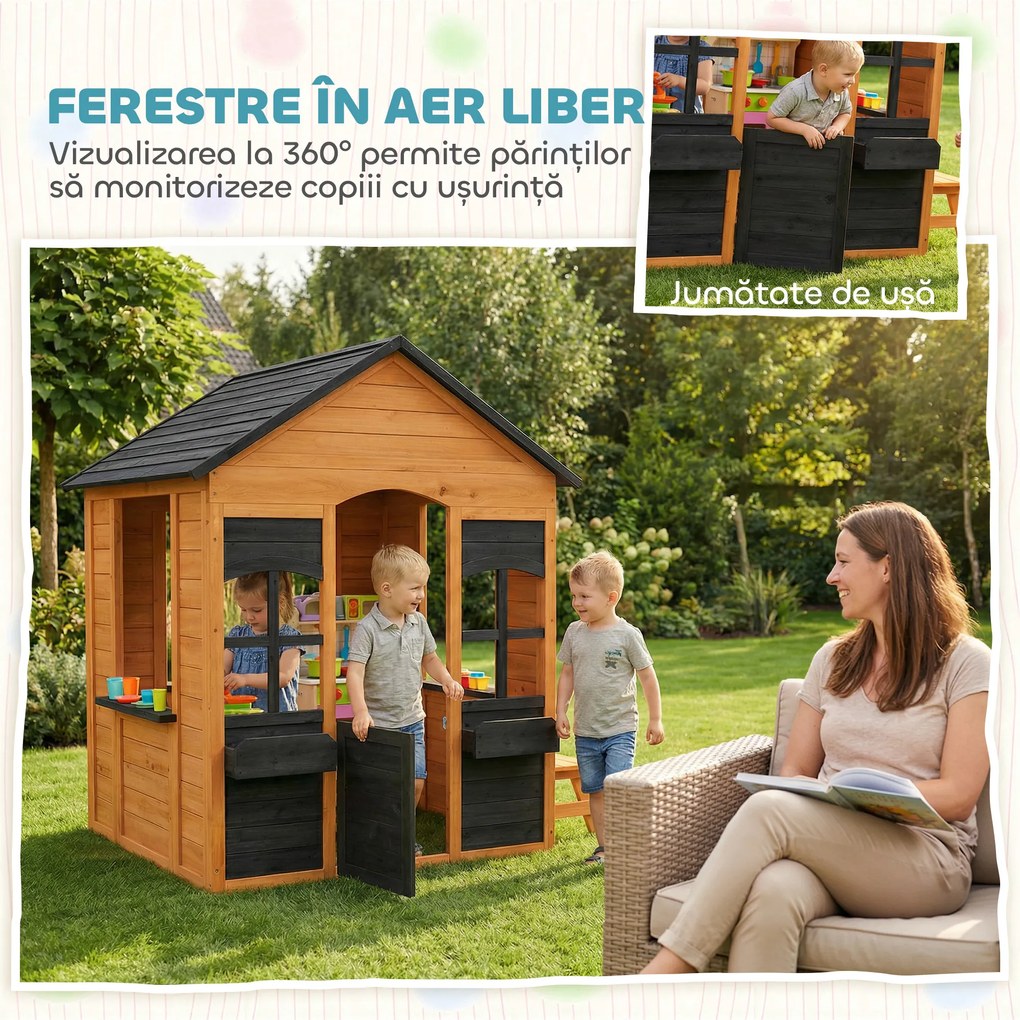 AIYAPLAY Căsuță din Lemn Copii cu Jardiniere, pentru Joacă Exterior/Interior, Vârsta 3-8, Maro | Aosom Romania