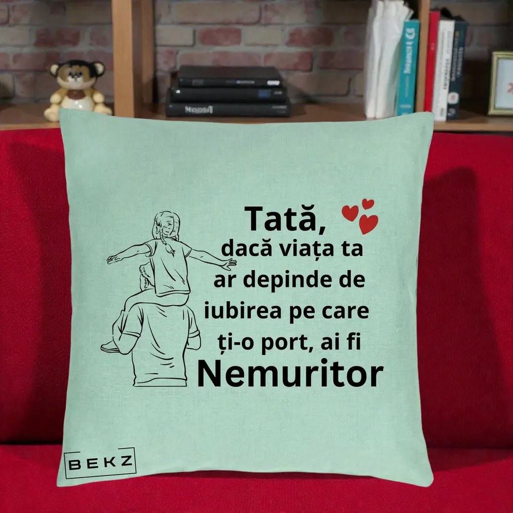 Cadou pentru Tata - Perna Personalizata Tata Supererou Nemuritor, 40x40 cm, Verde Menta, Husa Detasabila, Perna Inclusa, BEKZ®