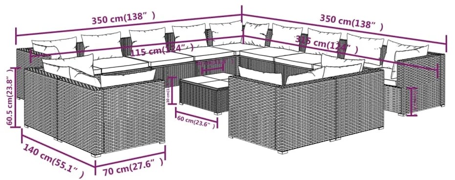 Set mobilier de gradina cu perne, 14 piese, gri, poliratan gri si antracit, 7x colt + 6x mijloc + masa, 1