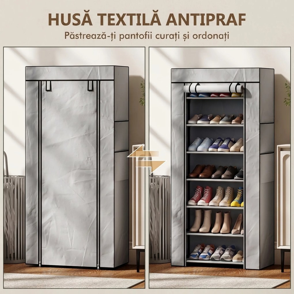 HOMCOM Pantofar cu 7 rafturi din oțel, cu husă din material nețesut, 60 x 30 x 126 cm, gri | Aosom Romania