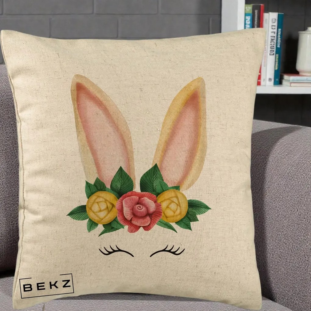 Perna Decorativa Iepuras Flori Urechi Pastelui, 40x40 cm, Bej, Husa Detasabila, Perna Inclusa, BEKZ®