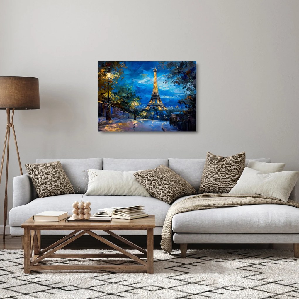 Tablou pe sticlă - Pictură în ulei a Turnului Eiffel (70x50 cm)