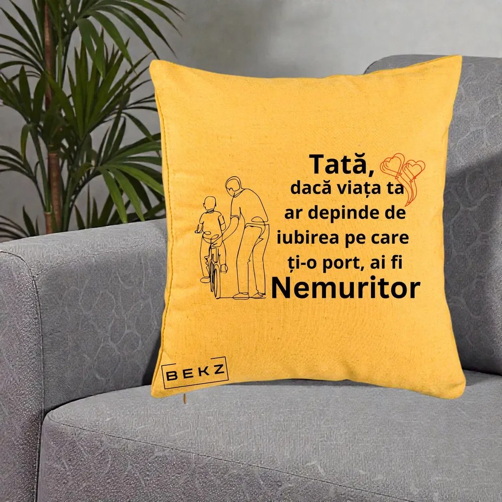 Cadou pentru Tata - Perna Personalizata Tata Nemuritor Bicicleta, 40x40 cm, Galben, Husa Detasabila, Perna Inclusa, BEKZ®