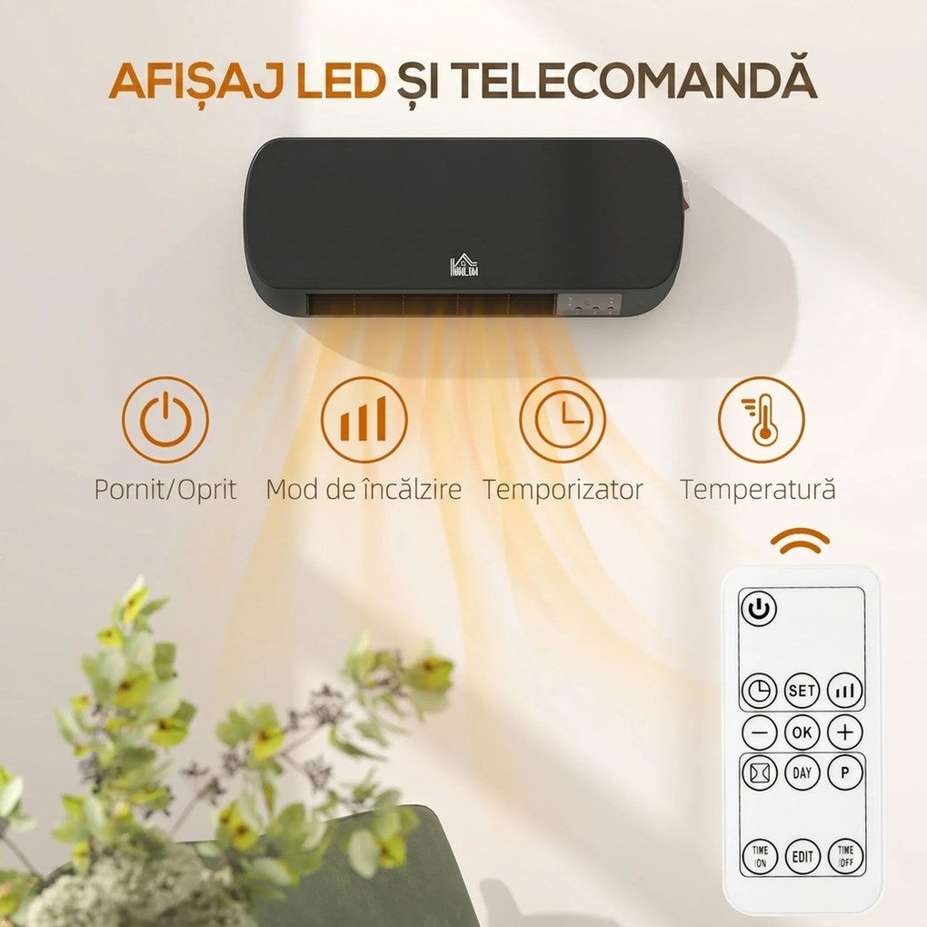 HOMCOM Aerotermă Electrică de Perete cu Telecomandă și Timer 12h, Negru | Aosom Romania