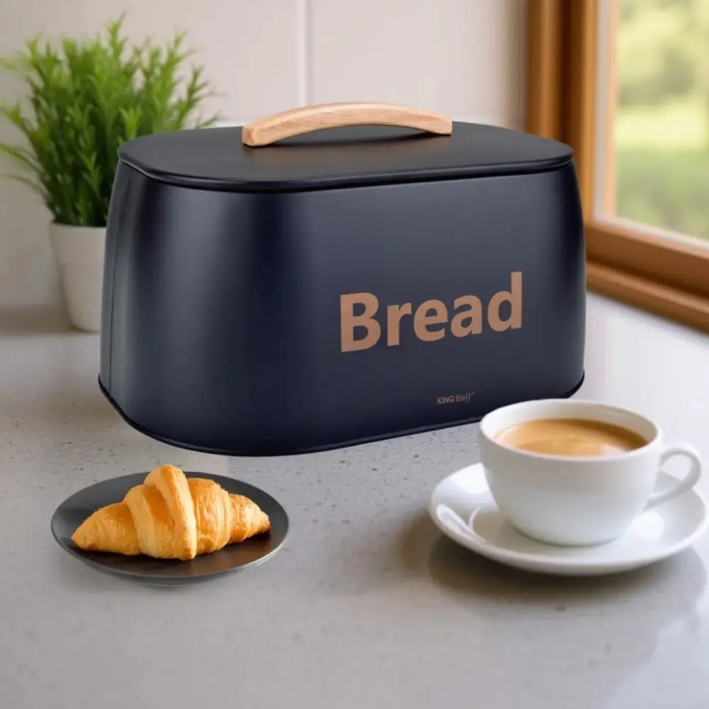 Cutie pentru pâine din metal cu mâner din lemn, 34×24×18.5 cm, neagră, KINGHoff KH-1946