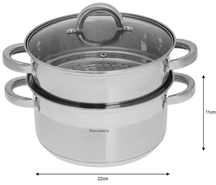 Oale pentru gatire cu aburi Klausberg KB 7141, 22 cm, 4 litri, 3 piese, Fund gros, Inox