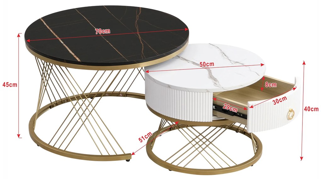 Set de 2 Măsuțe de Cafea Moderne Modulare din Marmură Sintetică cu Detalii Aurii și Sertare, Dimensiuni 70x70x45 cm și 50x50x40 cm, Negru