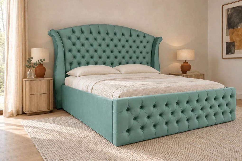 Pat tapițat Chesterfield din catifea Sorella Simple 140×200 cm, verde marin, cu ladă de depozitare