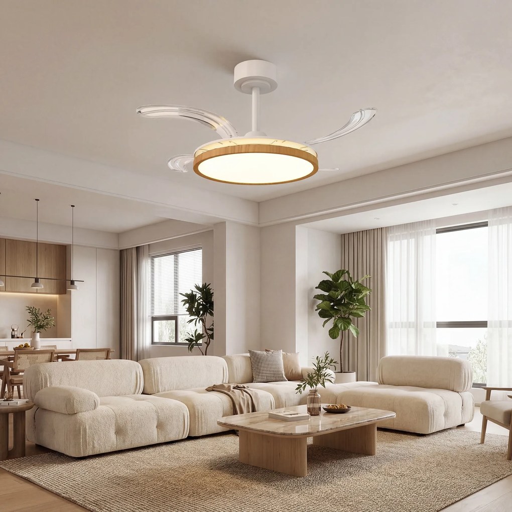 HOMCOM Ventilator de tavan cu lumină LED 80 W motor DC reversibil telecomandă 6 viteze temporizator Ø95 cm lemn natural | Aosom Romania