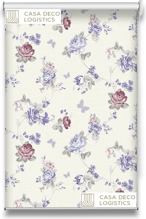 Roletă textilă Floral 8019 crem cu flori mov și roz