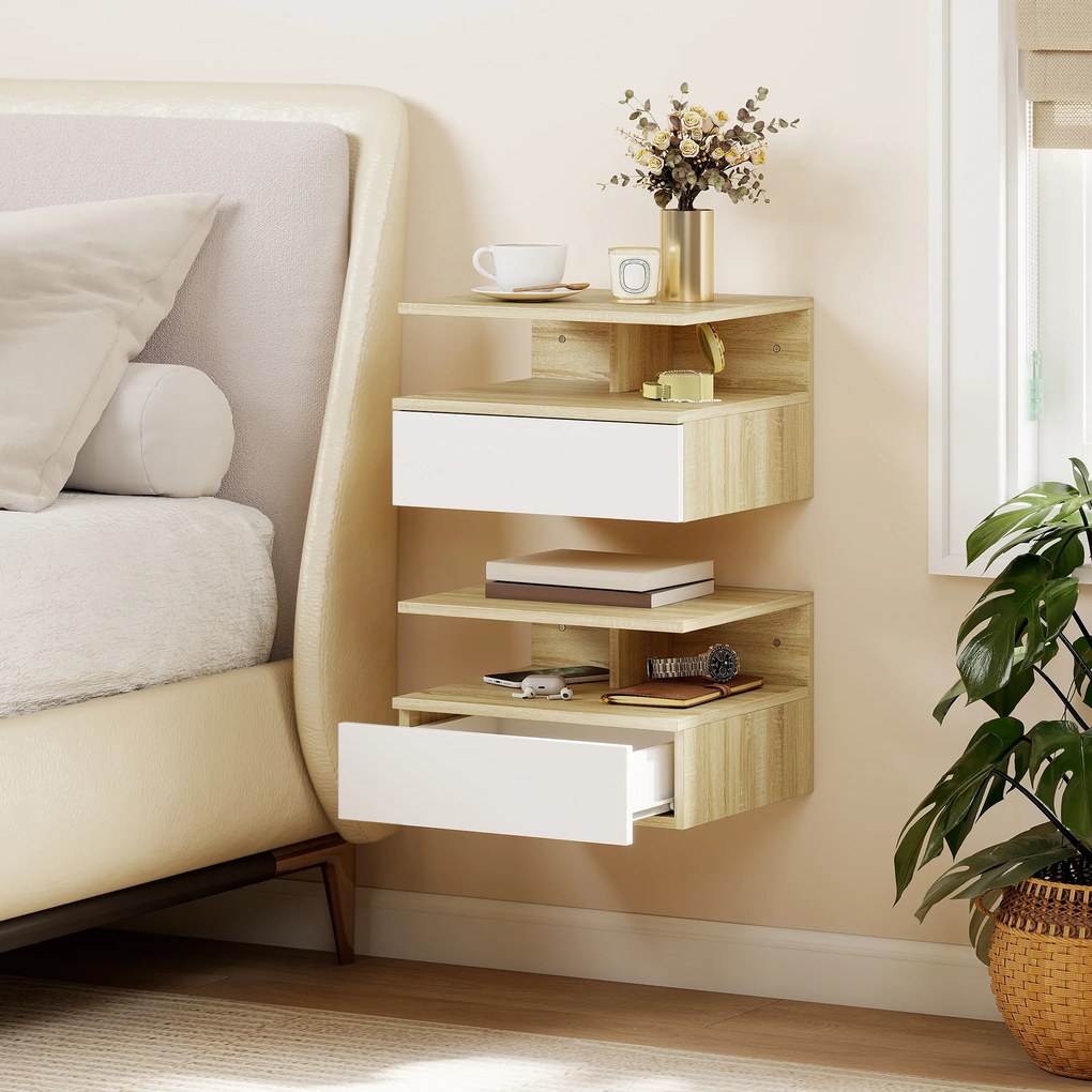 HOMCOM Set de 2 Noptiere Suspendate cu Sertar și Raft Deschis, 35x32x22.5 cm, Alb și Stejar | Aosom Romania