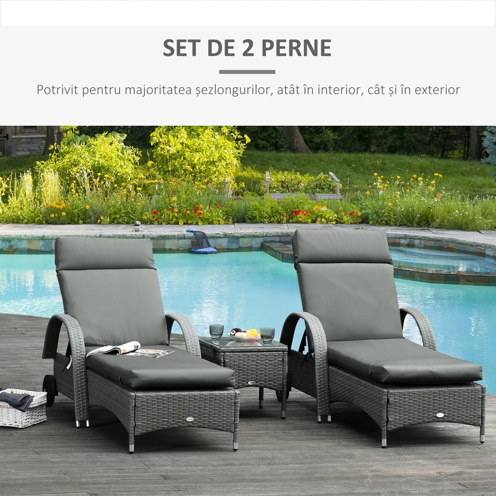 Outsunny Set 2 Perne pentru Scaune de Exterior cu Curele, Perne de Exterior Umplute cu Bumbac și Poliester, pentru Șezlonguri, Fotolii de Grădină, 196x55x8 cm, Gri Închis | Aosom Romania