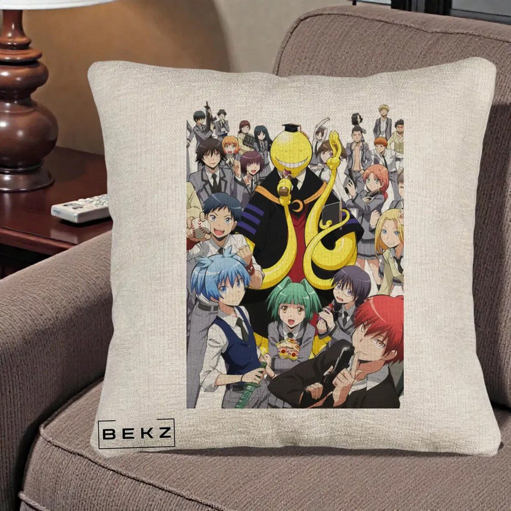 Perna Personalizata Assassination Classroom Grup Complet Anime, 40x40 cm, Bej Canapea, Husa Detasabila, Perna Inclusa, BEKZ®