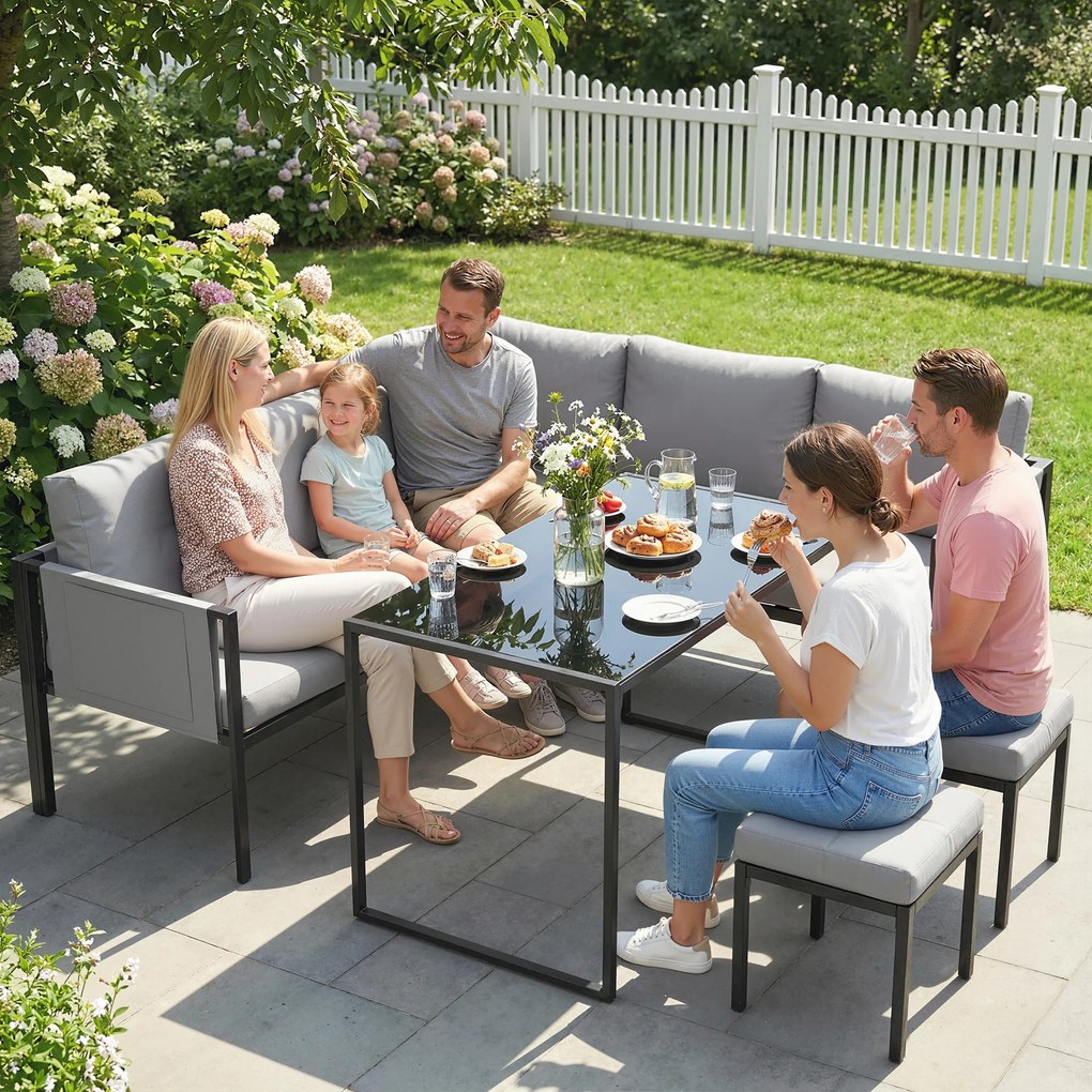 Outsunny Set mobilier de grădină Canapea colț exterior 6 piese Perne 10cm Masă înaltă și 2 taburete Gri | Aosom Romania