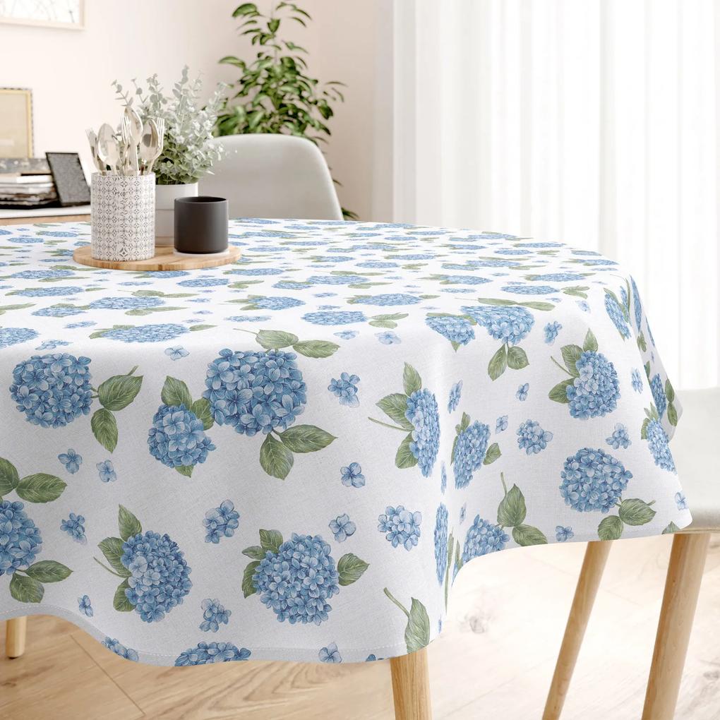 Goldea față de masă decorativă loneta - flori de hortensie albastră - rotundă Ø 100 cm