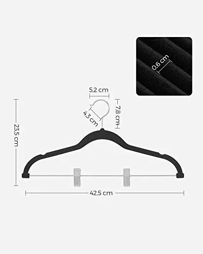 Set 12 umerase cu cleme, metal / catifea, negru, Songmics