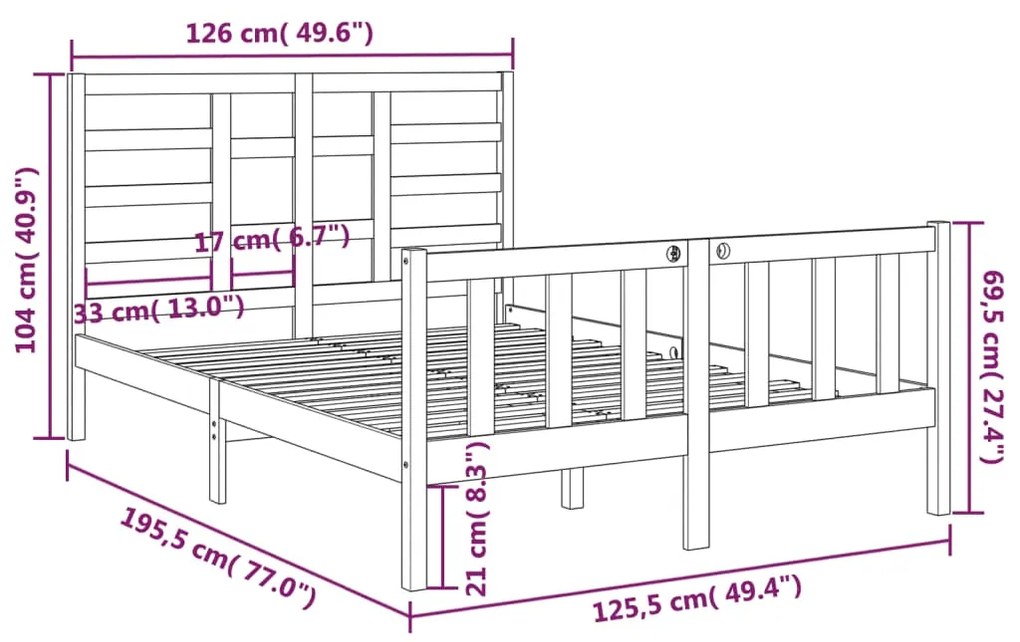 Cadru de pat Small Double 4FT, 120x190 cm, lemn masiv Maro, 120 x 190 cm