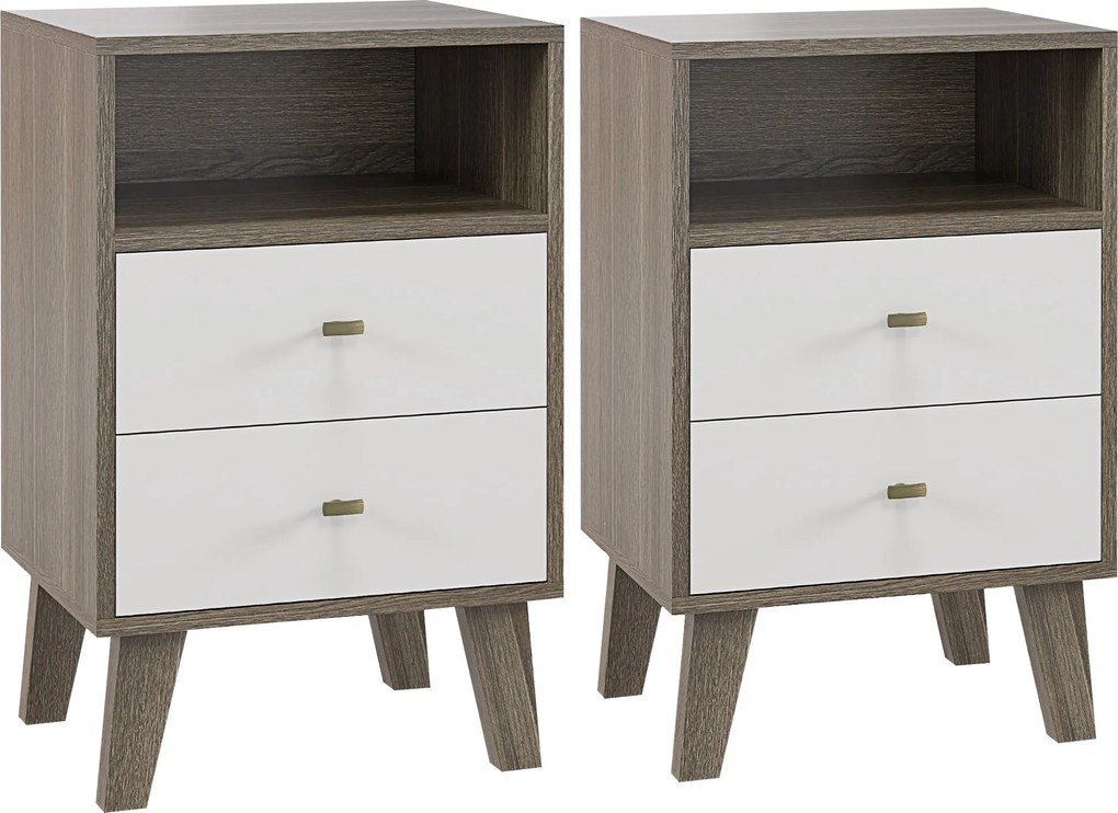 HOMCOM Set de 2 Noptiere Moderne cu 2 Sertare și Spațiu Deschis, Măsuța Laterală pentru Dormitor, 40x34x64 cm, Gri