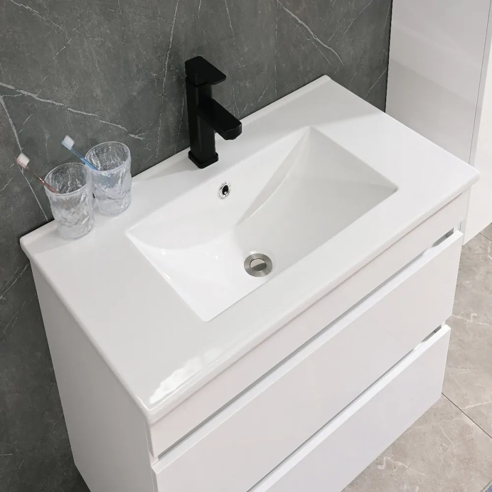 Mască de baie Cube 80 cu chiuvetă ceramică, 2 sertare, vopsită în alb lucios