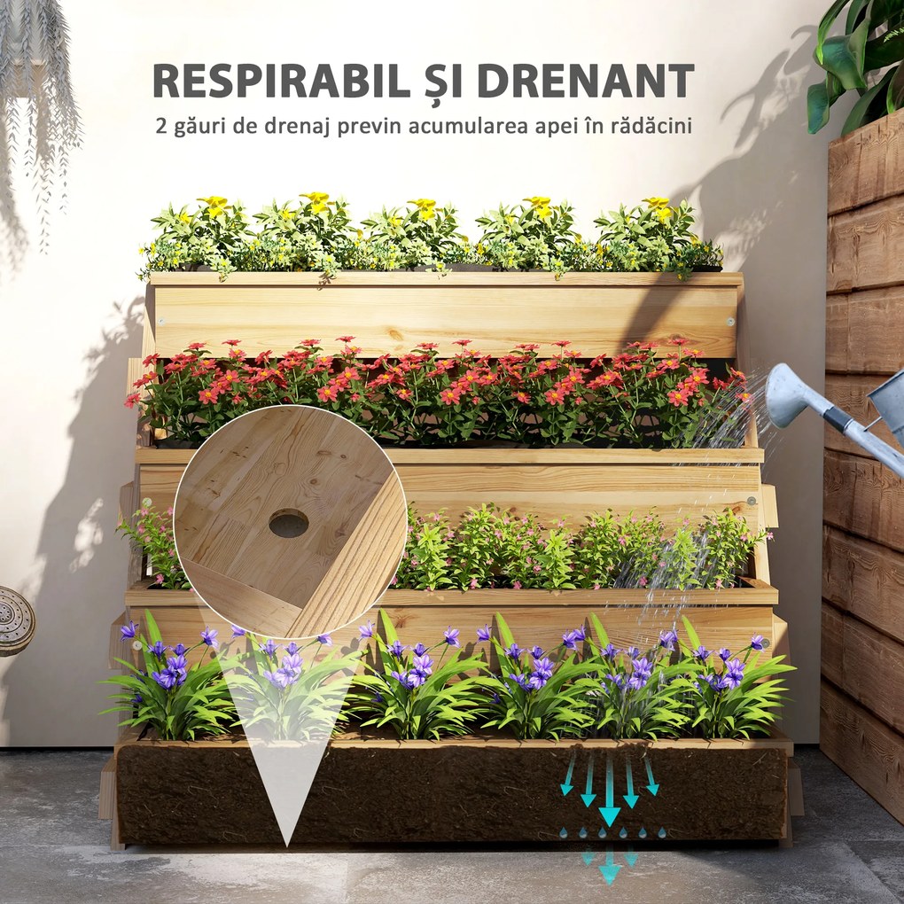 Outsunny Strat de Grădină Înălțat pe 4 Niveluri și Orificii de Drenaj, 75x57x60,5 cm, Lemn Natural | Aosom Romania