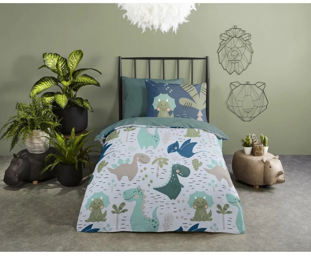 Lenjerie de pat pentru copii verde-albastră din microfibră pentru pat de o persoană 140x200 cm – Good Morning