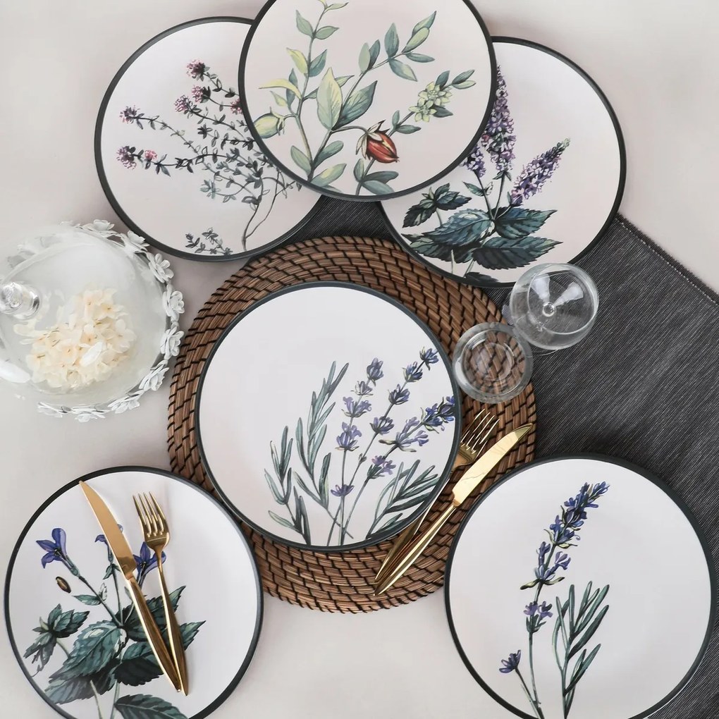 Set of 6 shallow stoneware plates Herbal 25 cm