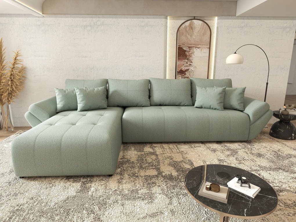 Colțar extensibil dumonde cu ladă de depozitare si sezut confortabil din spuma high-density, Berlin XL Enjoy Mint 350x185 cm