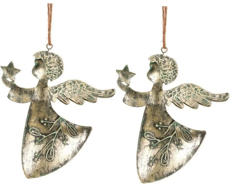 Decorație de Crăciun suspendată Înger 2 buc.,metal, auriu, 16 x 1 x 13 cm