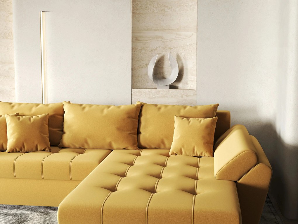 Colțar extensibil dumonde cu ladă de depozitare si sezut confortabil din spuma high-density, Loana Royal Muștar II 270x185 cm