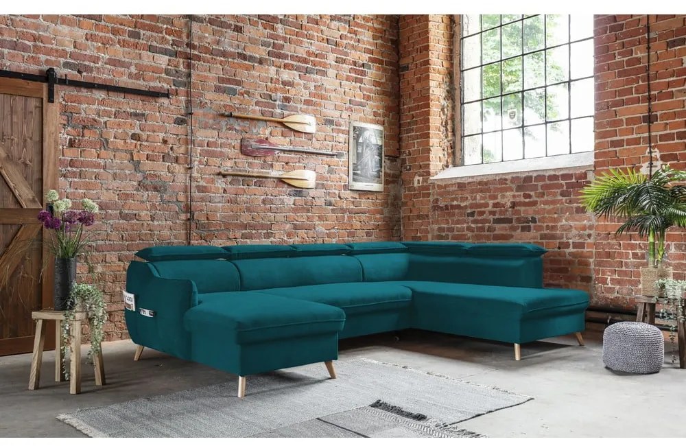 Colțar turcoaz extensibil cu tapițerie din catifea (cu colț pe partea dreaptă/în formă de "U") Sweet Harmony – Miuform