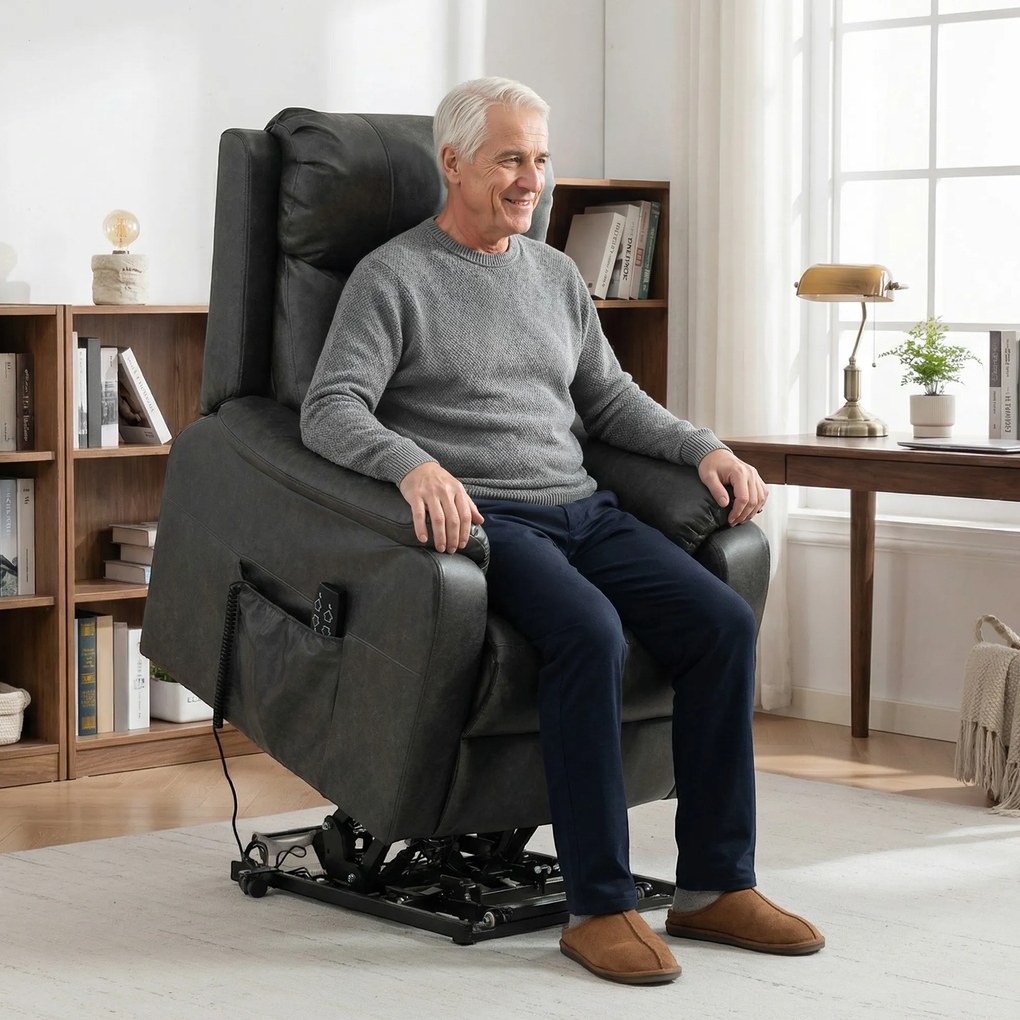 HOMCOM Fotoliu cu ridicare și relaxare pentru seniori, fotoliu electric cu lift din piele ecologică cu dublu motor, perne cu arc, Negru | Aosom Romania