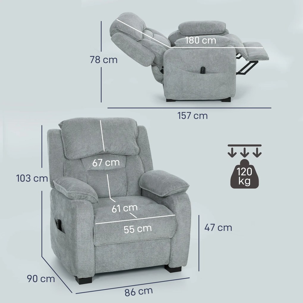 HOMCOM Fotoliu Electric Reclinabil 150° cu Suport pentru Picioare, Port USB, Fotoliu Reclinabil Silențios, Sezut Larg, Telecomandă, Funcție Memorie, din Catifea, pentru Living, Gri | Aosom Romania