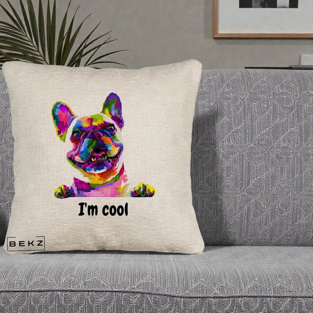 Perna Personalizata Bulldog Francez I'm Cool, 40x40 cm, Bej Canapea, Husa Detasabila, Perna Inclusa, BEKZ®
