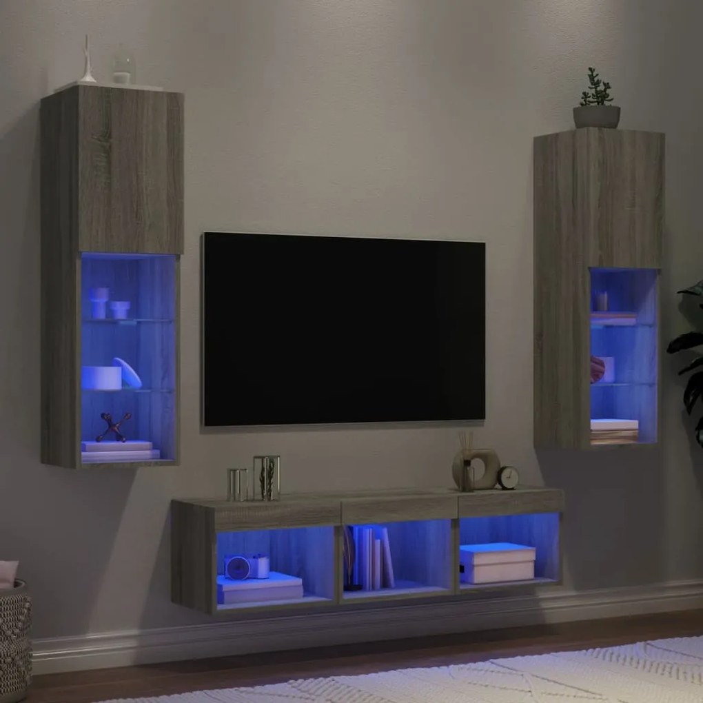 vidaXL Unități de perete TV cu LED-uri, 5 piese, gri sonoma, lemn