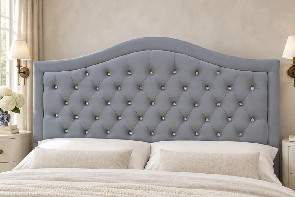 Pat tapițat Chesterfield din catifea Solaria Deluxe Cristal 180×200 cm, gri deschis, cu ladă de depozitare