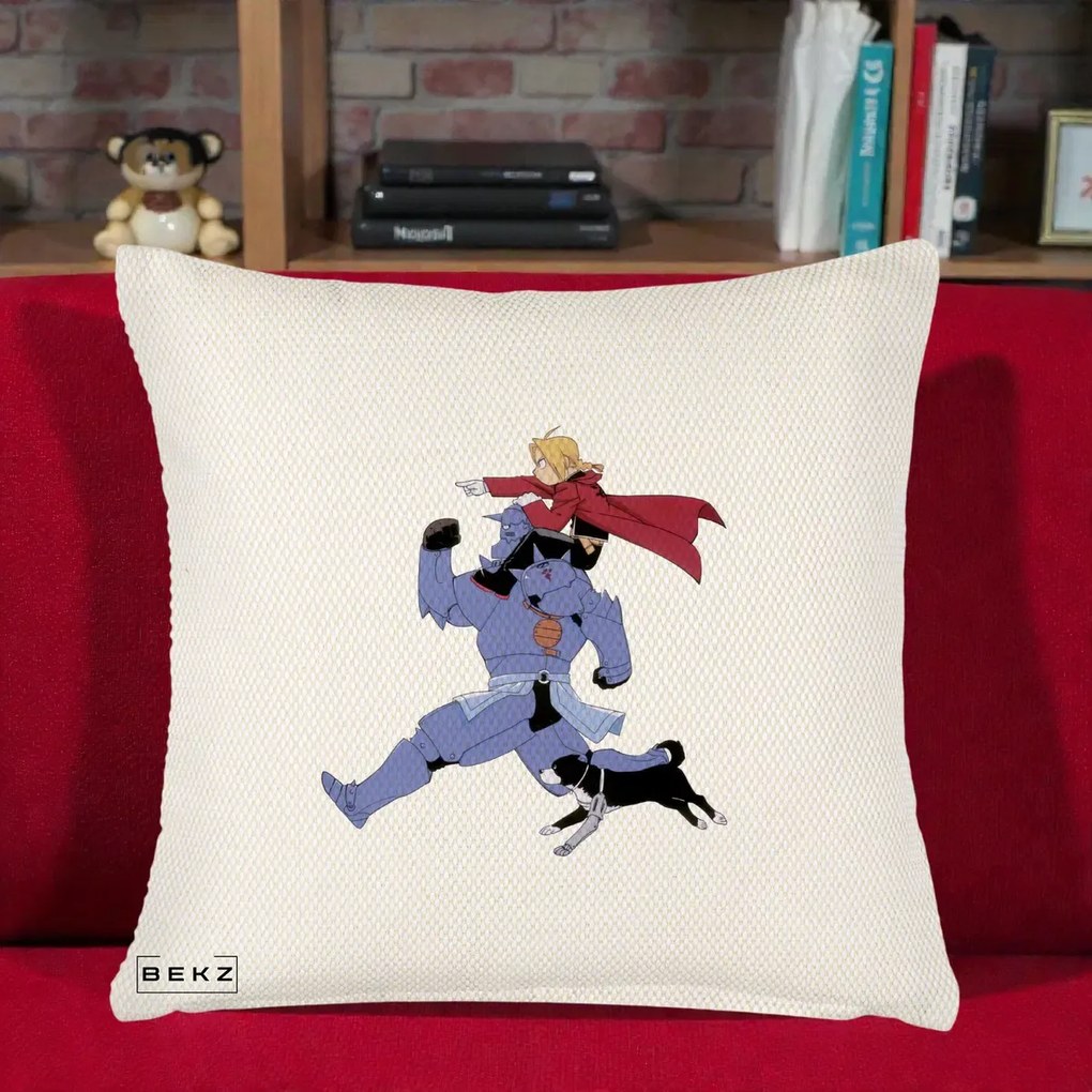 Perna Personalizata Fullmetal Alchemist Edward si Alphonse, 40x40 cm, Crem Reliefat, Husa Detasabila, Perna Inclusa, BEKZ®