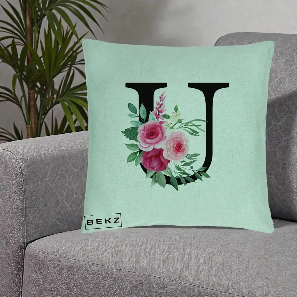 Cadou Personalizat - Perna Personalizata Monograma Florala Litera U, 40x40 cm, Verde Menta, Husa Detasabila, Perna Inclusa, BEKZ®