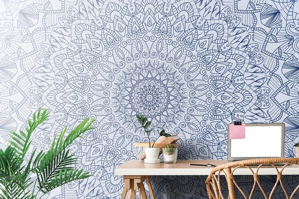 Tapet Mandala decorativă detaliată în culoarea albastră