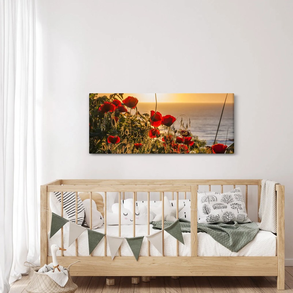 Tablou cu apus de soare cu flori de maci (120x50 cm)