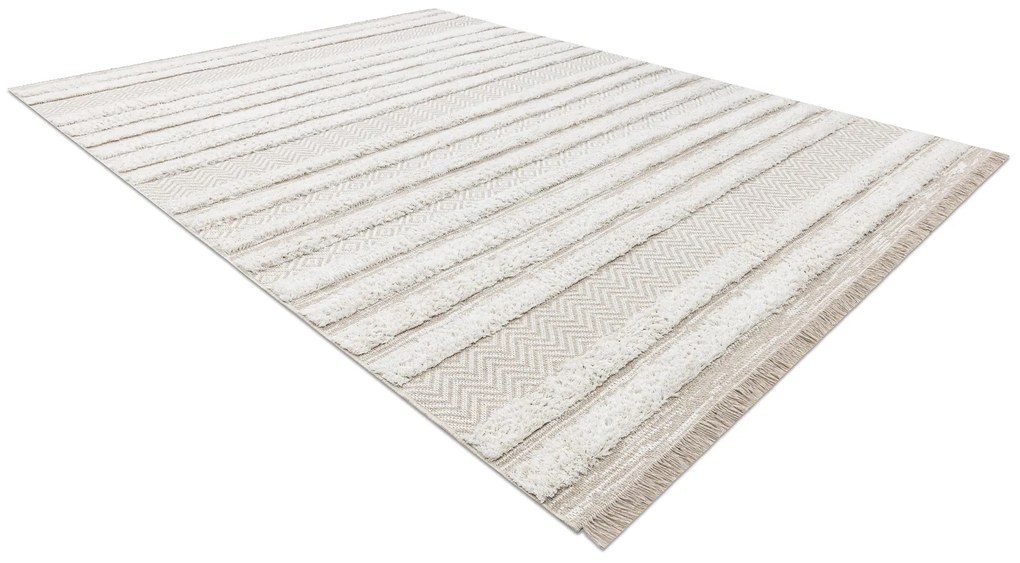 Covor ECO SISAL MOROC 22329 zigzag, linii boho franjuri - structural bej / cremă