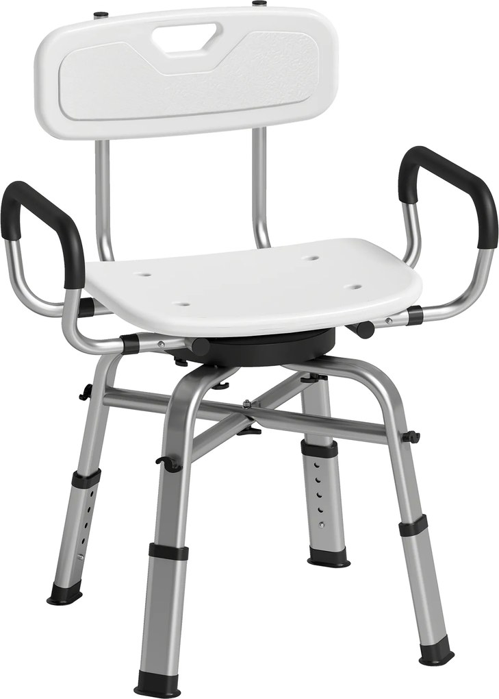 HOMCOM Scaun de Duș Rotativ Reglabil pe Înălțime cu Brațe, Spătar, Capacitate 150 kg, Alb | Aosom Romania