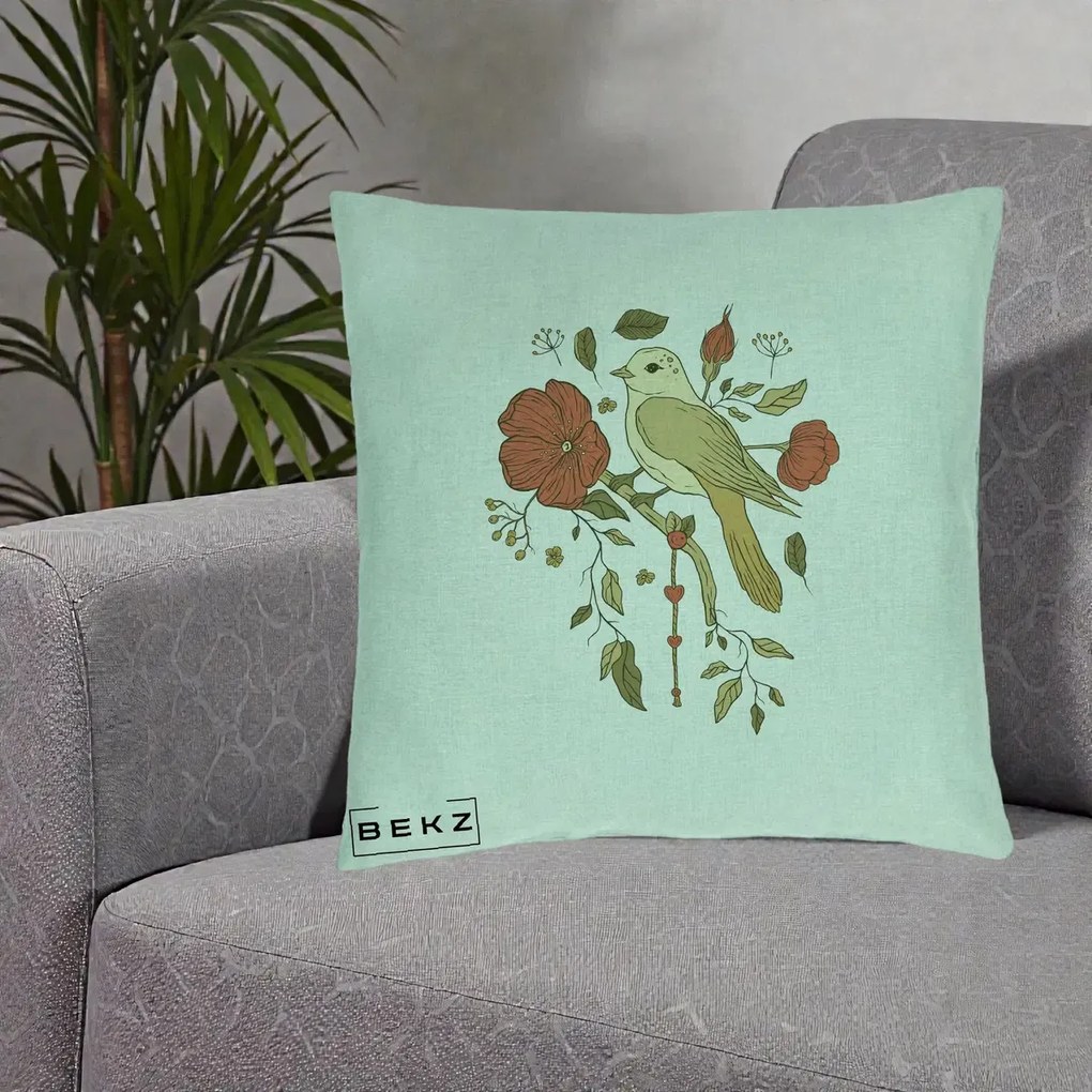 Perna Decorativa Pasare pe Ramura cu Maci, 40x40 cm, Verde Menta, Husa Detasabila, Perna Inclusa, BEKZ®