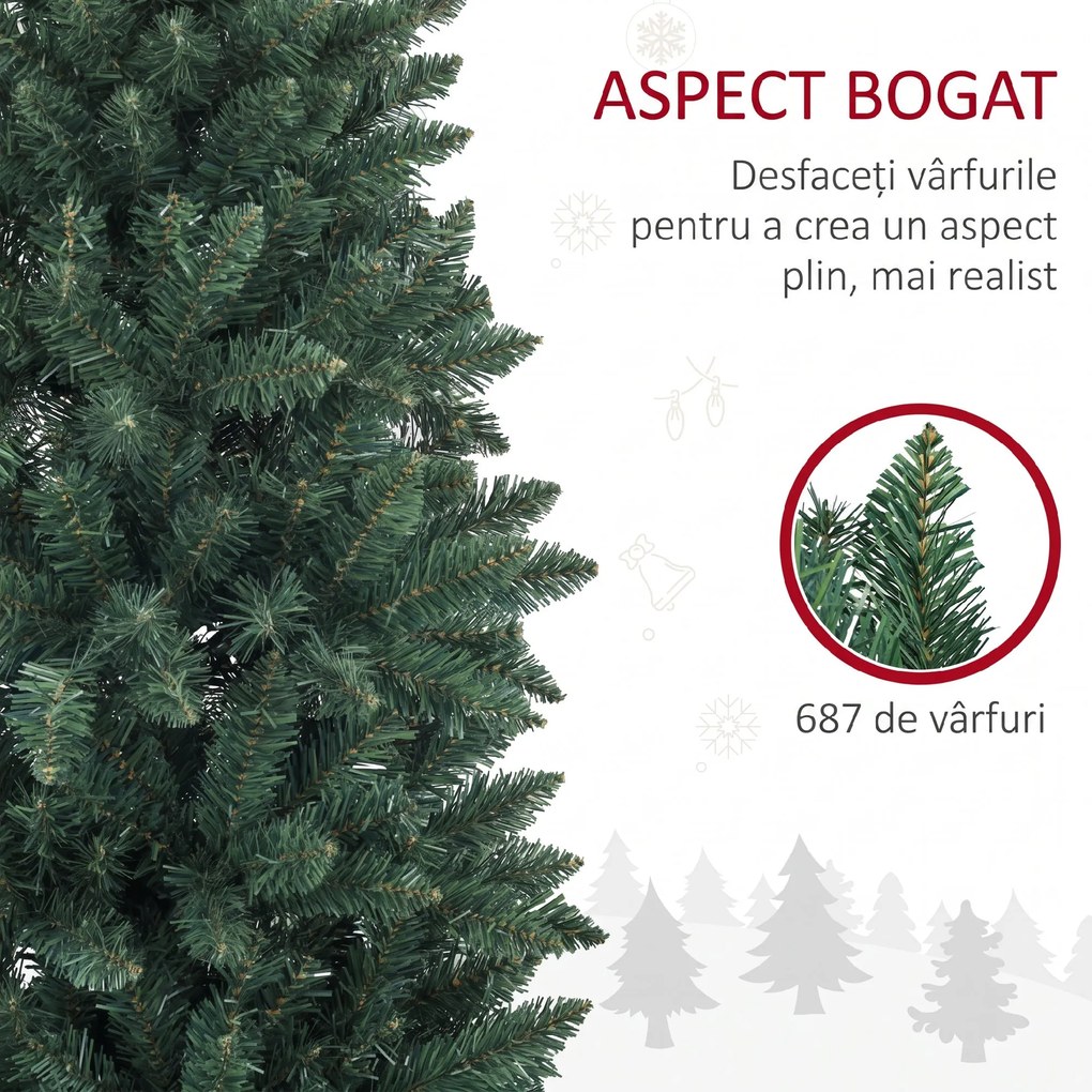 HOMCOM Brad Artificial de Crăciun cu 687 Ramuri, Brad de Crăciun Înalt și Îngust cu Bază Pliabilă, Ø75x210 cm, Verde | Aosom Romania