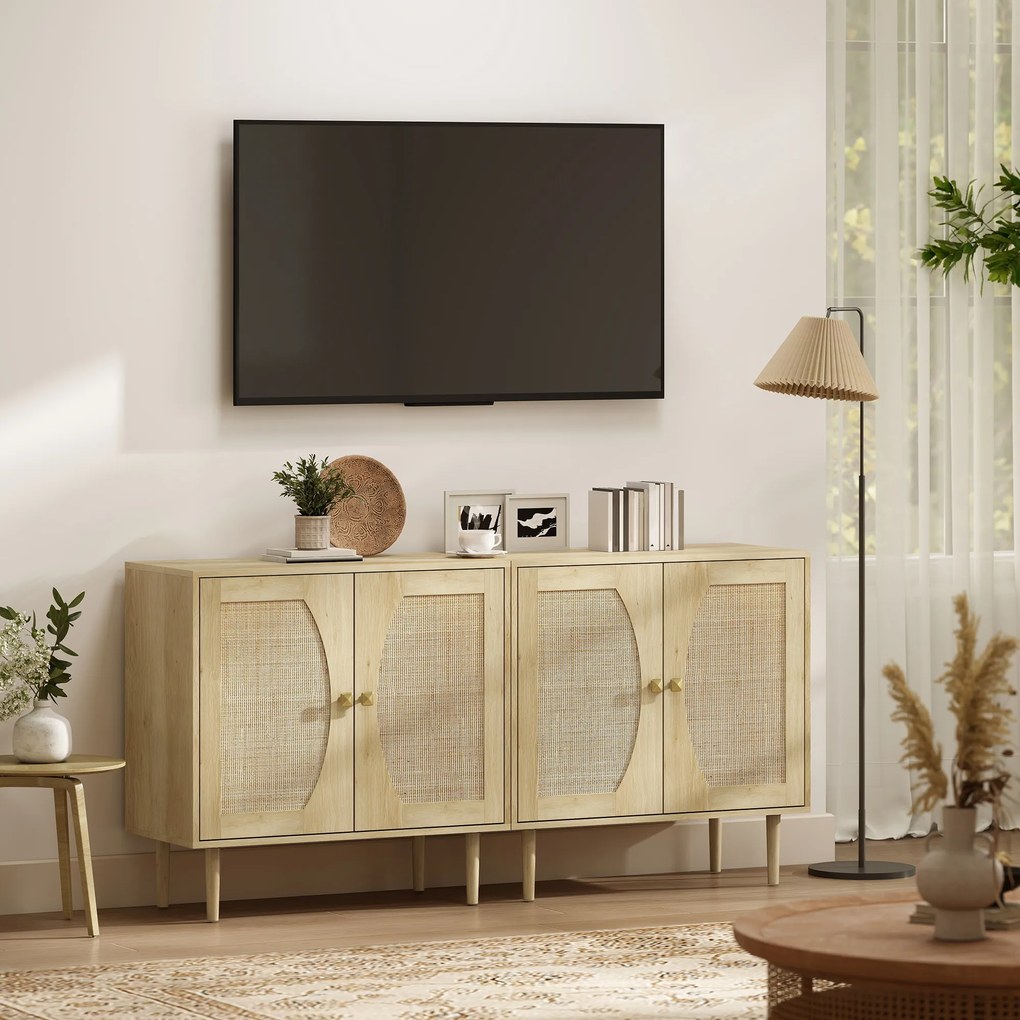 HOMCOM Bufet de bucătărie, mobilier de depozitare cu două uși și 2 niveluri, fațadă din cannage, 80 x 38 x 79 cm efect lemn natural | Aosom Romania