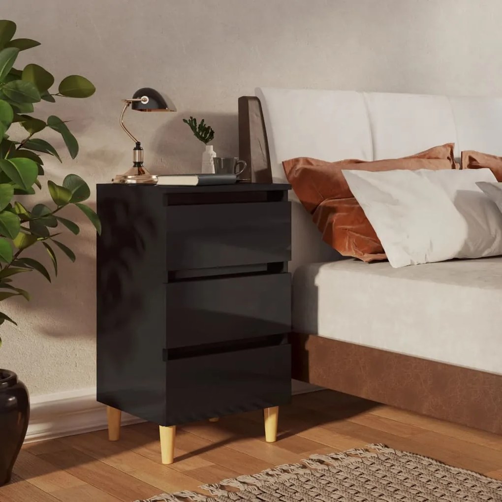 805902 vidaXL Noptiere, picioare lemn, 2 buc., negru extralucios, 40x35x69 cm