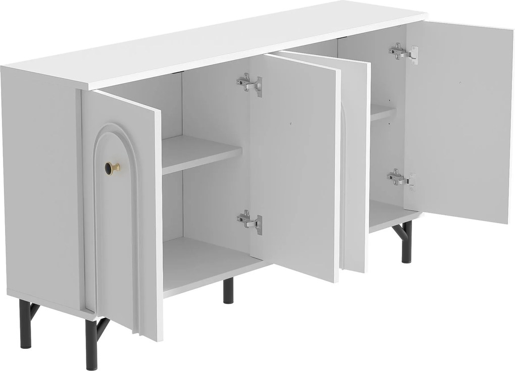 Comodă cu 4 uși, front arcuit 3D, pentru living, sufragerie și hol, 140x34x78 cm, Alb