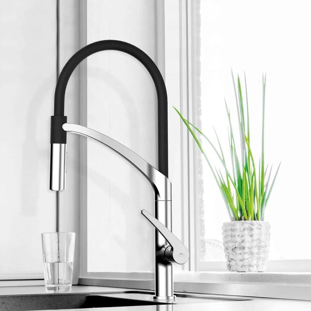 Baterie bucatarie cu pipa flexibila Rubineta Ultima finisaj crom lucios-negru mat