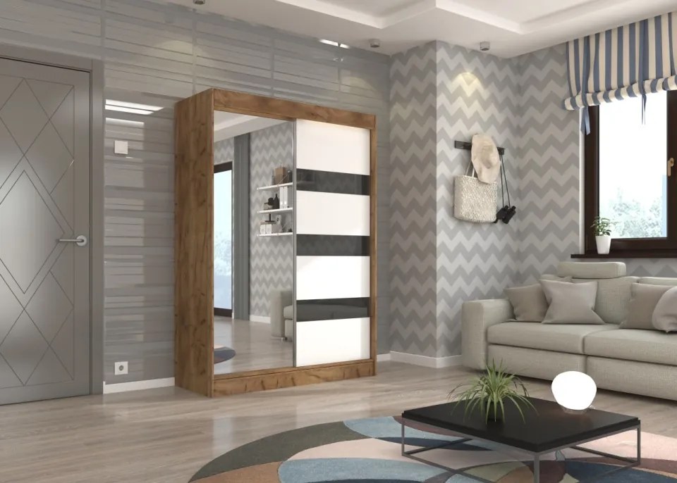 Dulap cu usi glisante si oglinda Toura, ADRK Furniture (Culoare: Negru / Alb / Negru Lacobel, Dimensiuni: 120x215 cm)