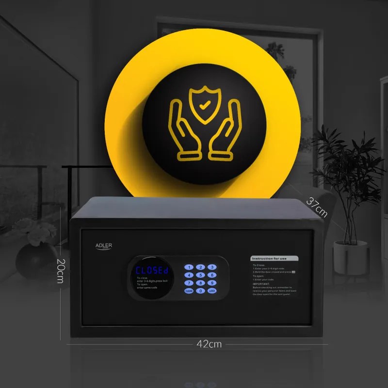 Seif electronic Adler AD 1045, 200x420x370 mm, 14 l, Blocare după 4 încercări greșite, Avertizare baterie descărcată, Negru